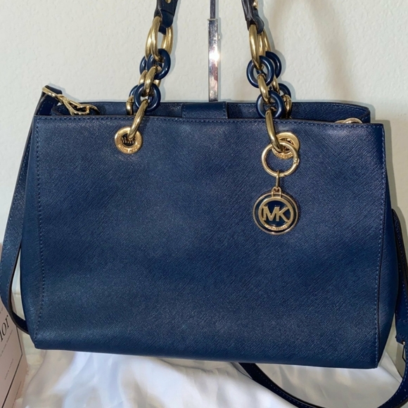 MICHAEL KORS Navy Blue Cynthia Saffiano Leather 2-Way Satchel - Picture 2 of 12